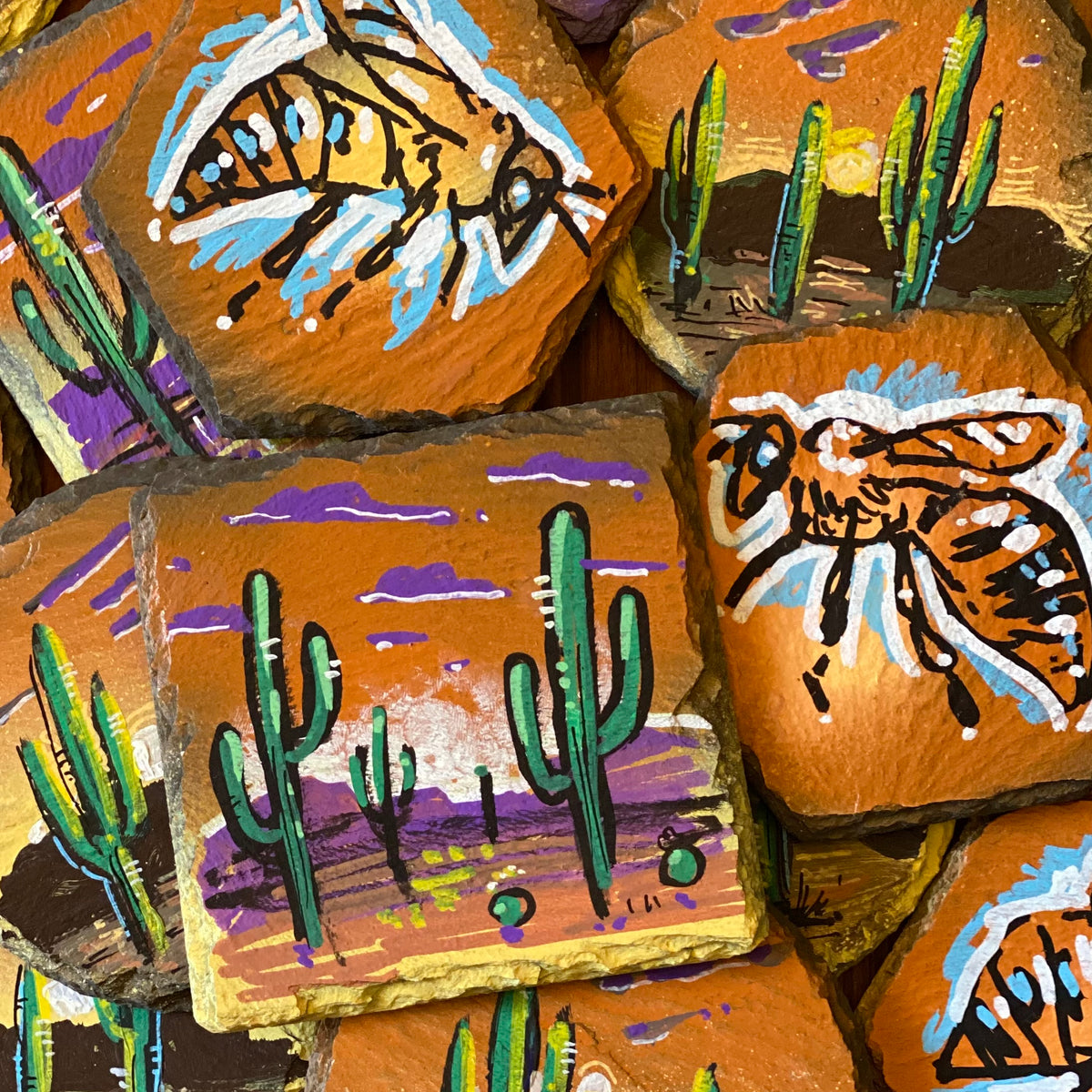 ダツモウフレンズキャンパスアート Hand-Painted Slate Coasters by Isaac Lange – Pop Cycle Tucson